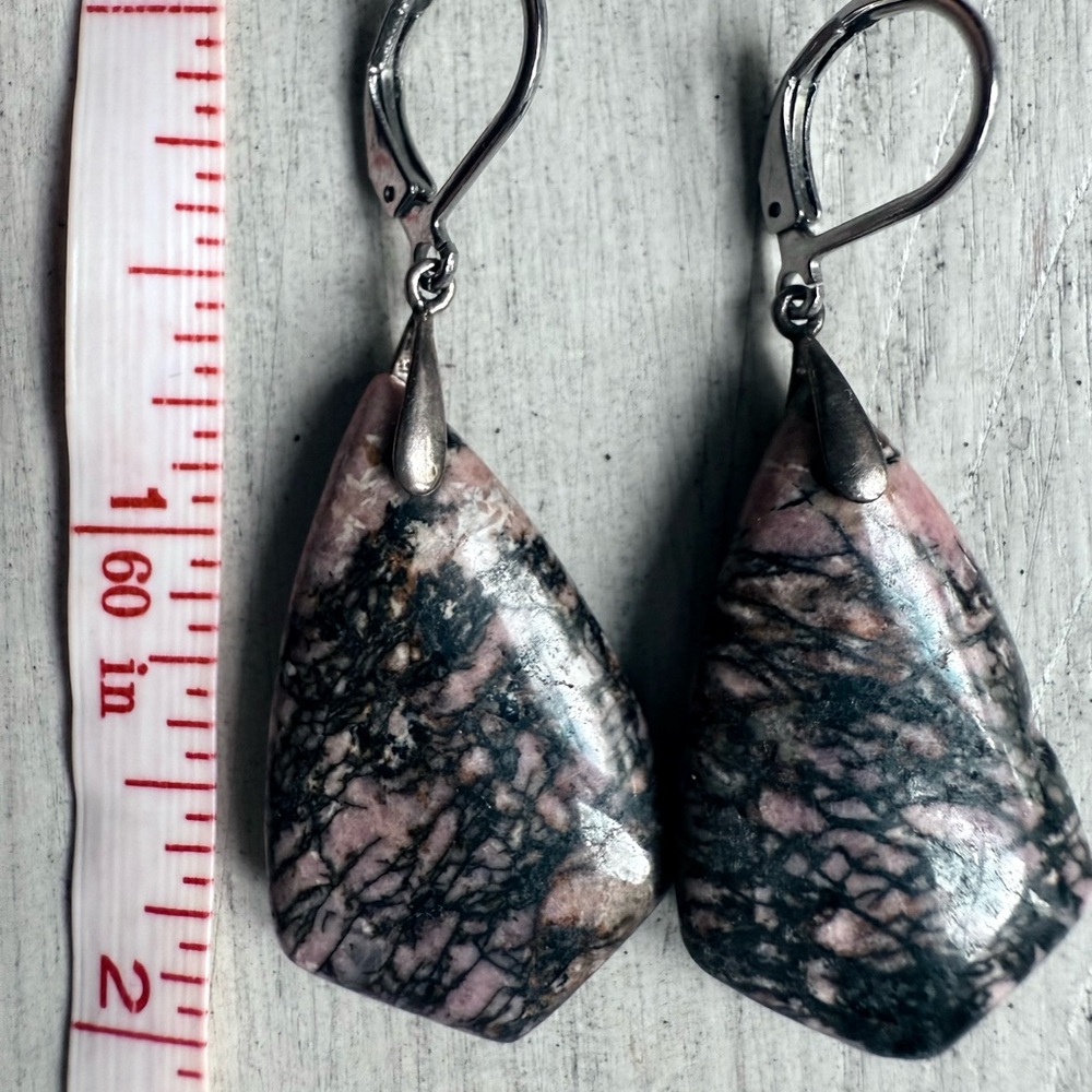 RHODONITE EARRINGS/Pink And Black Earrings/Pink Black Stone Jewelry - Picture 7 of 9